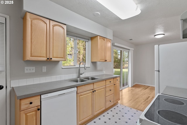 kitchen featuring sink, a wealth of natural light, light brown cabinetry, and white appliances