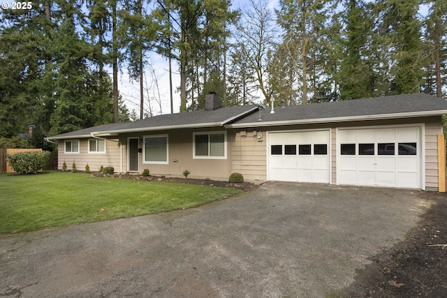 single story home with a garage and a front lawn