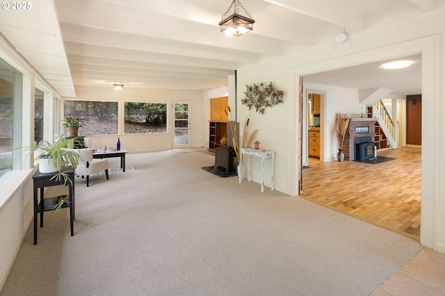54 W 31st Ave, Eugene, OR 97405 - sunroom featuring a wood stove and beamed ceiling