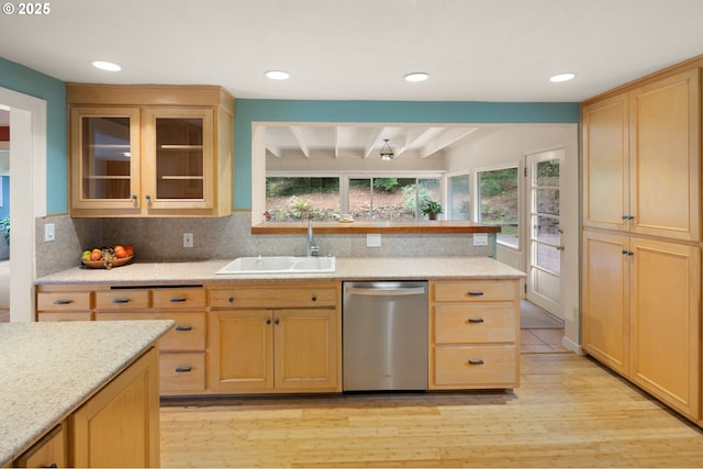 54 W 31st Ave, Eugene, OR 97405 - kitchen featuring dishwasher, light wood finished floors, beam ceiling, light brown cabinets, and tasteful backsplash