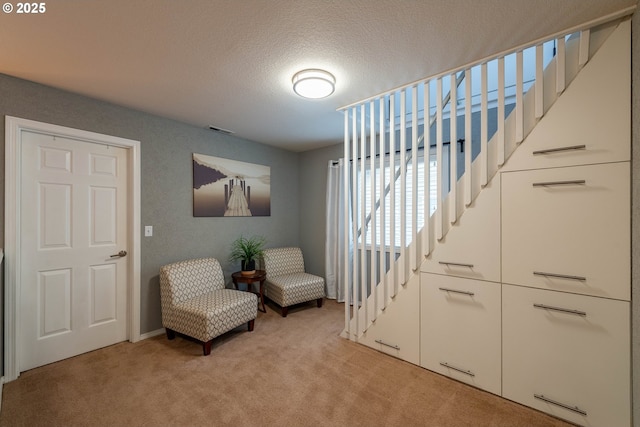 sitting room with light carpet and a textured ceiling