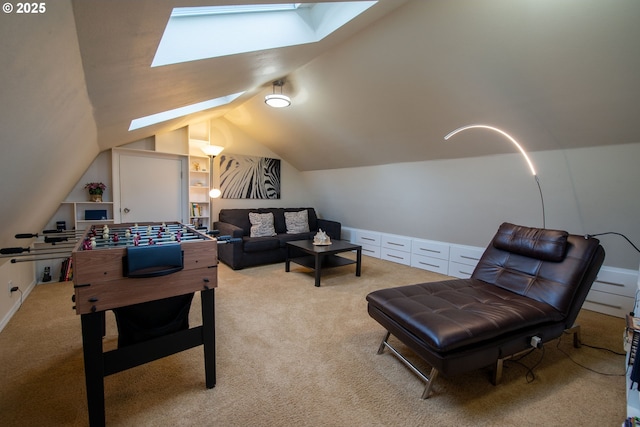 interior space with light carpet, built in features, and lofted ceiling with skylight