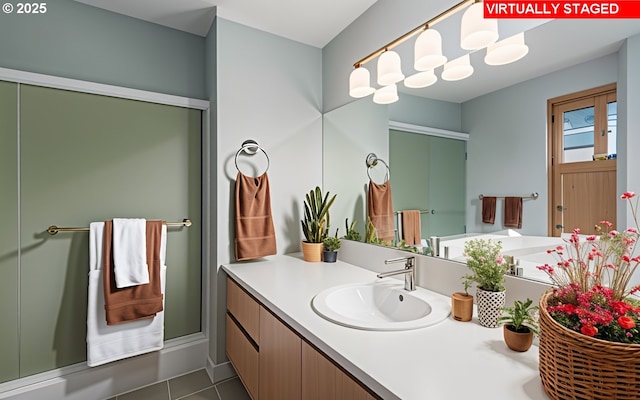 14023 Hawks Beard Unit Gm164, Black Butte Ranch, OR 97759 - full bathroom featuring vanity, a stall shower, and tile patterned flooring