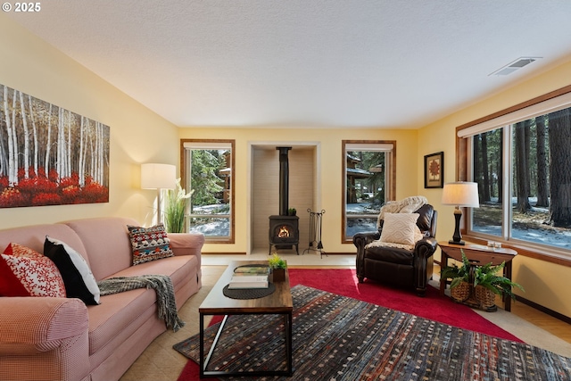 14023 Hawks Beard Unit Gm164, Black Butte Ranch, OR 97759 - living area featuring a wood stove, plenty of natural light, and baseboards