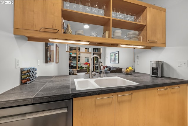 725 NW 10th Ave Unit 303, Portland, OR 97209 - kitchen featuring dishwasher, a sink, open shelves, and dark countertops