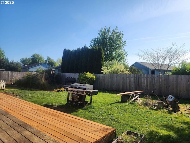 view of yard with a deck and a fenced backyard