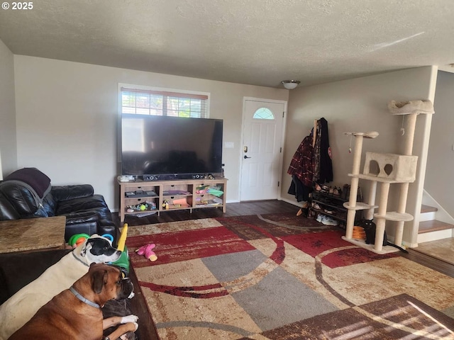 living room with baseboards, a textured ceiling, and wood finished floors