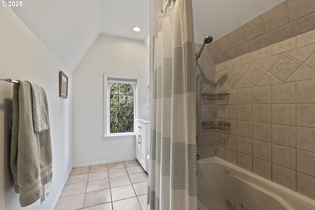 1710 SE 42nd Ave, Portland, OR 97215 - bathroom featuring a combined bath / shower with jetted tub, lofted ceiling, tile patterned floors, baseboards, and recessed lighting