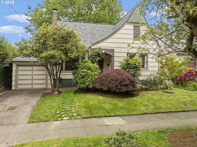 1710 SE 42nd Ave, Portland, OR 97215 - view of front of home featuring roof with shingles, a chimney, driveway, a garage, and a front yard