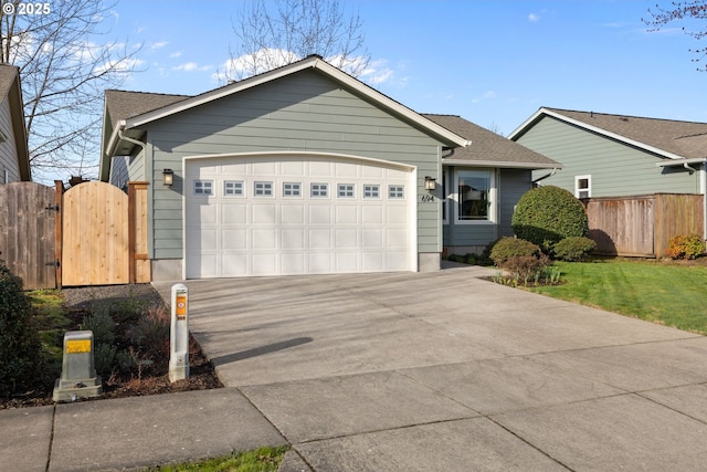 single story home featuring driveway, roof with shingles, an attached garage, a gate, and fence