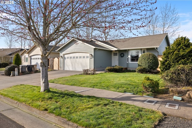 single story home featuring a garage, concrete driveway, and a front lawn