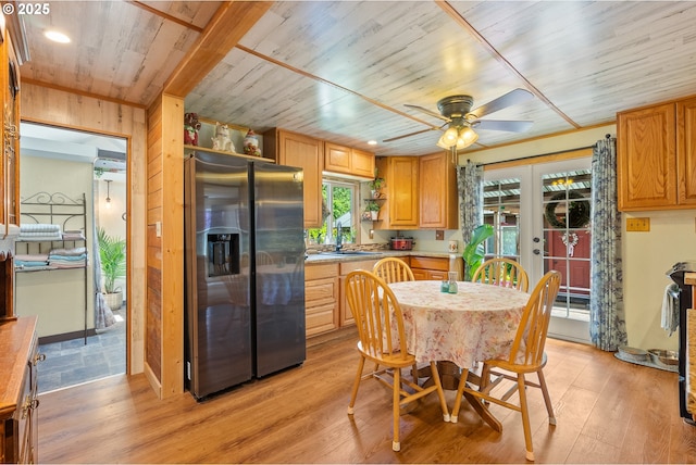 12785 Sutherland Rd, Swisshome, OR 97480 - kitchen featuring stainless steel refrigerator with ice dispenser, french doors, wood ceiling, a ceiling fan, and light wood-type flooring