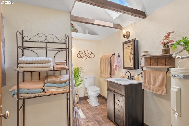 12785 Sutherland Rd, Swisshome, OR 97480 - bathroom featuring a skylight, stone tile floors, vanity, toilet, and vaulted ceiling