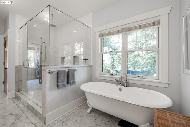 12624 SW 22nd Ave, Lake Oswego, OR 97034 - full bathroom with marble finish flooring, a freestanding bath, and a shower stall