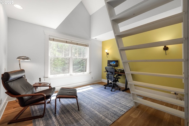 12624 SW 22nd Ave, Lake Oswego, OR 97034 - office area with wood finished floors, high vaulted ceiling, and recessed lighting
