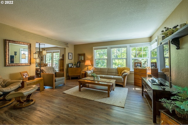 living room featuring dark wood-type flooring and a textured ceiling