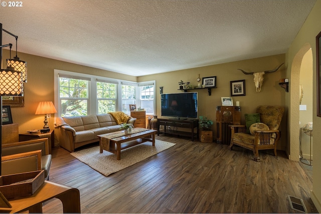 living room with dark hardwood / wood-style flooring and a textured ceiling