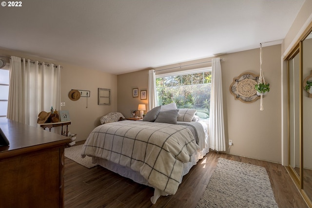 bedroom with dark wood-type flooring