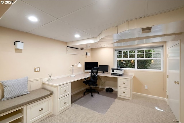 home office featuring light carpet, baseboards, visible vents, and recessed lighting
