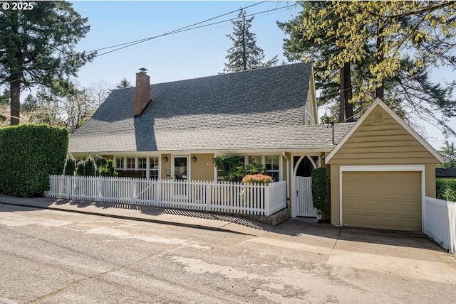farmhouse-style home featuring roof with shingles, a chimney, concrete driveway, fence private yard, and an attached garage