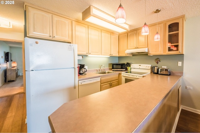 kitchen featuring white appliances, under cabinet range hood, a sink, dark wood finished floors, and light brown cabinets