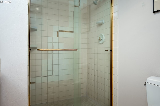 bathroom featuring a stall shower and toilet