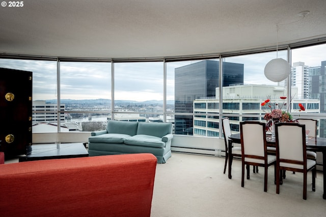 sunroom with a baseboard heating unit and a city view