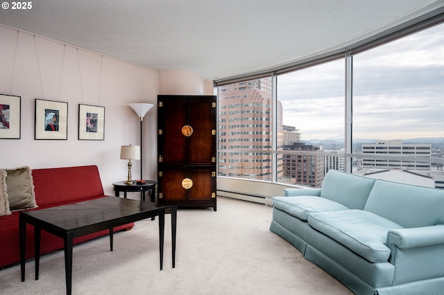 living room featuring a view of city, a textured ceiling, light carpet, and a baseboard radiator