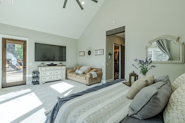 carpeted bedroom with access to outside, high vaulted ceiling, multiple windows, and ceiling fan