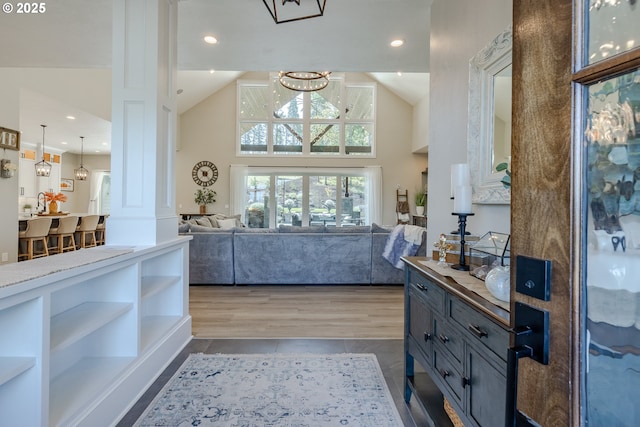 32568 Deberry Rd, Creswell, OR 97426 - interior space featuring recessed lighting, high vaulted ceiling, an inviting chandelier, and vanity