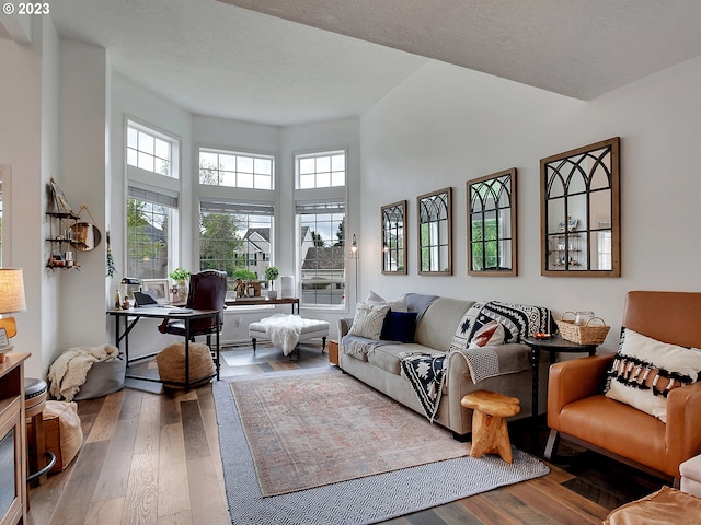 living room featuring hardwood / wood-style flooring, a towering ceiling, and a wealth of natural light