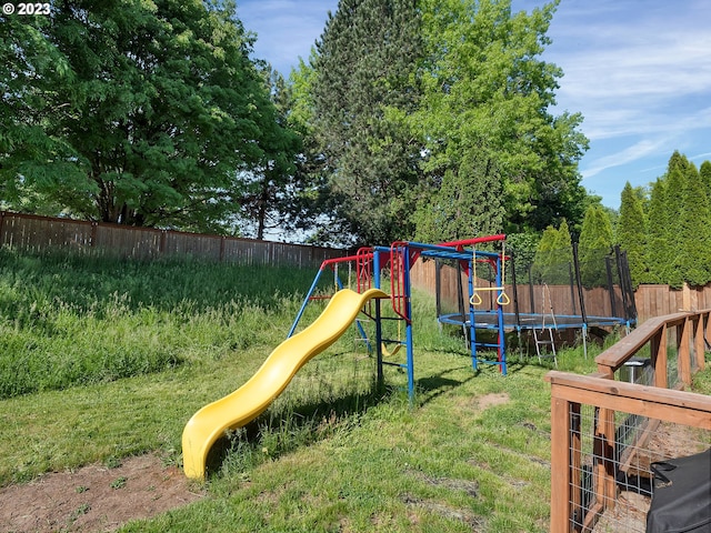 view of play area featuring a trampoline