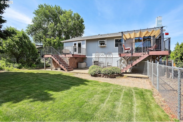 620 Sherman Dr, The Dalles, OR 97058 - rear view of house featuring stairway, a wooden deck, an AC wall unit, and a patio