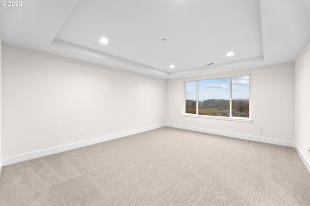 spare room with light carpet, baseboards, and a raised ceiling