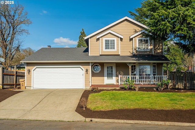 traditional-style home featuring a front lawn, a porch, fence, concrete driveway, and a garage