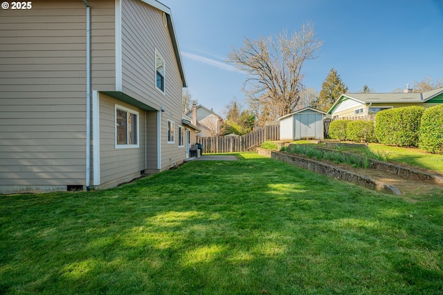 view of yard with a storage shed, an outbuilding, and a fenced backyard