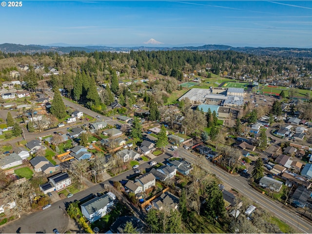 birds eye view of property featuring a mountain view and a view of trees