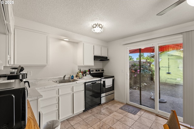 1720 17th St, Springfield, OR 97477 - kitchen with electric stove, under cabinet range hood, black dishwasher, white cabinetry, and light countertops