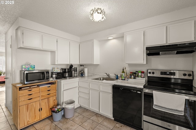 1720 17th St, Springfield, OR 97477 - kitchen with appliances with stainless steel finishes, under cabinet range hood, white cabinets, light countertops, and a textured ceiling