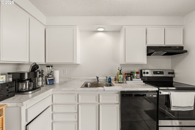 1720 17th St, Springfield, OR 97477 - kitchen featuring black dishwasher, stainless steel electric range, under cabinet range hood, white cabinets, and a textured ceiling