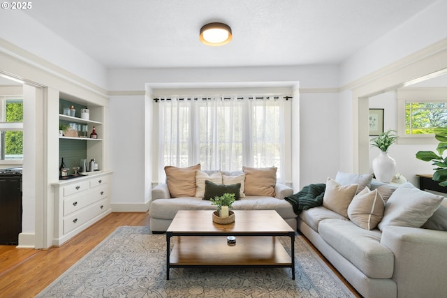 living room with light wood-type flooring and baseboards