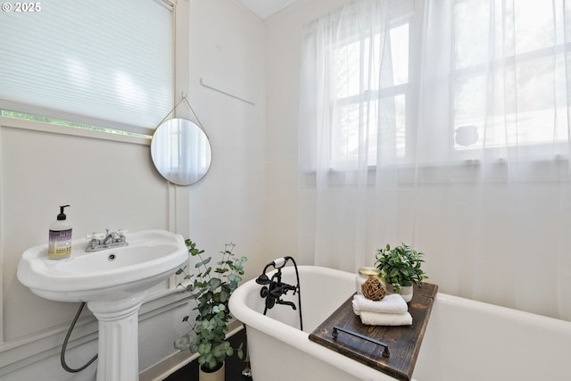 bathroom with baseboards and a freestanding tub