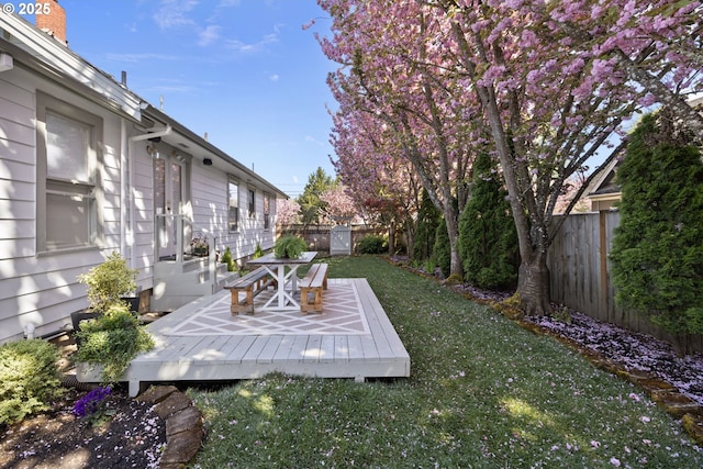 view of yard with a fenced backyard and a deck