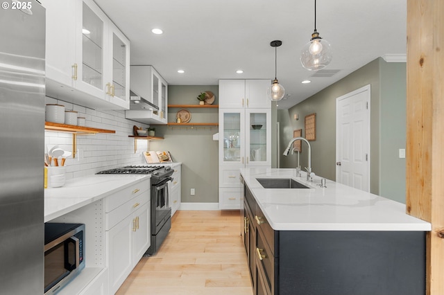 kitchen featuring open shelves, a kitchen island with sink, a sink, appliances with stainless steel finishes, and tasteful backsplash