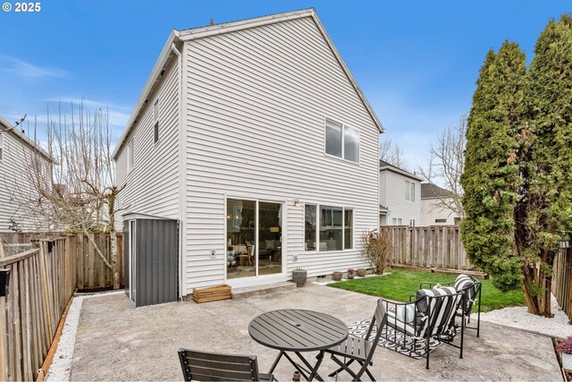 rear view of property with a yard, a patio area, and a fenced backyard