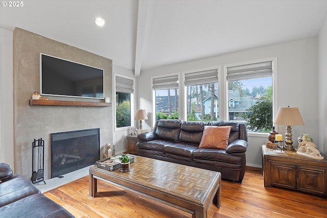 living room with plenty of natural light, light hardwood / wood-style floors, a large fireplace, and vaulted ceiling