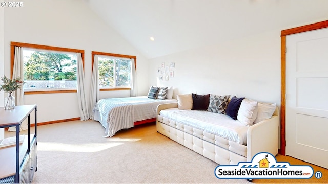 1560 S Edgewood St, Seaside, OR 97138 - bedroom with carpet flooring, vaulted ceiling, and recessed lighting