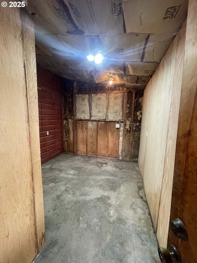 basement featuring wooden walls