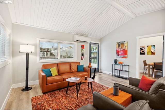 living room with a wall mounted air conditioner, vaulted ceiling with beams, light hardwood / wood-style floors, and wood ceiling