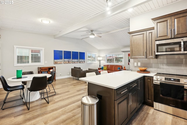 kitchen with ceiling fan, tasteful backsplash, kitchen peninsula, dark brown cabinets, and appliances with stainless steel finishes